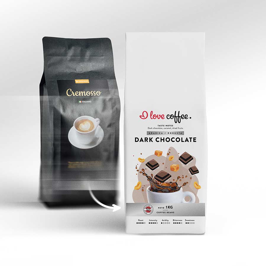 Es mīlu kafiju Kafijas pupiņas Dark Chocolate kafijas pupiņas, 1 kg