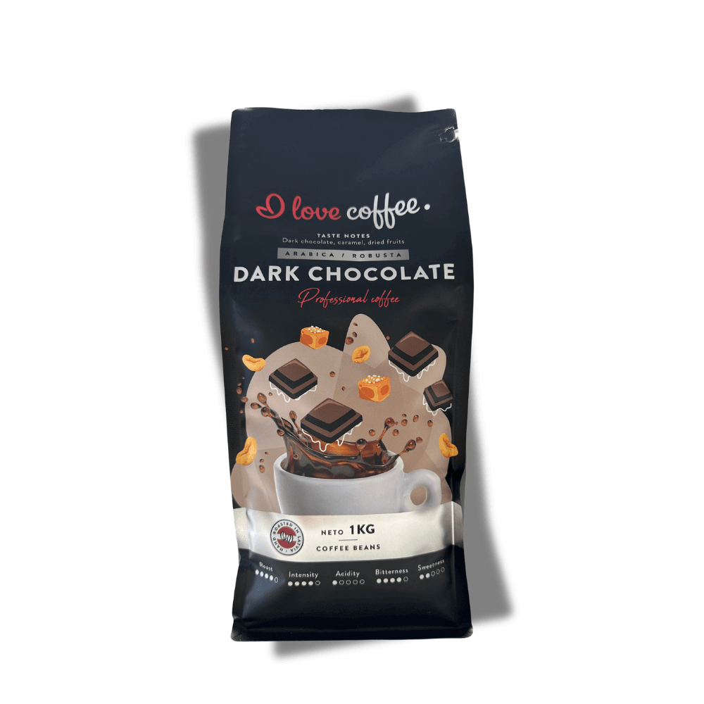 Es mīlu kafiju Kafijas pupiņas Dark Chocolate Professiona kafijas pupiņas, 1 kg