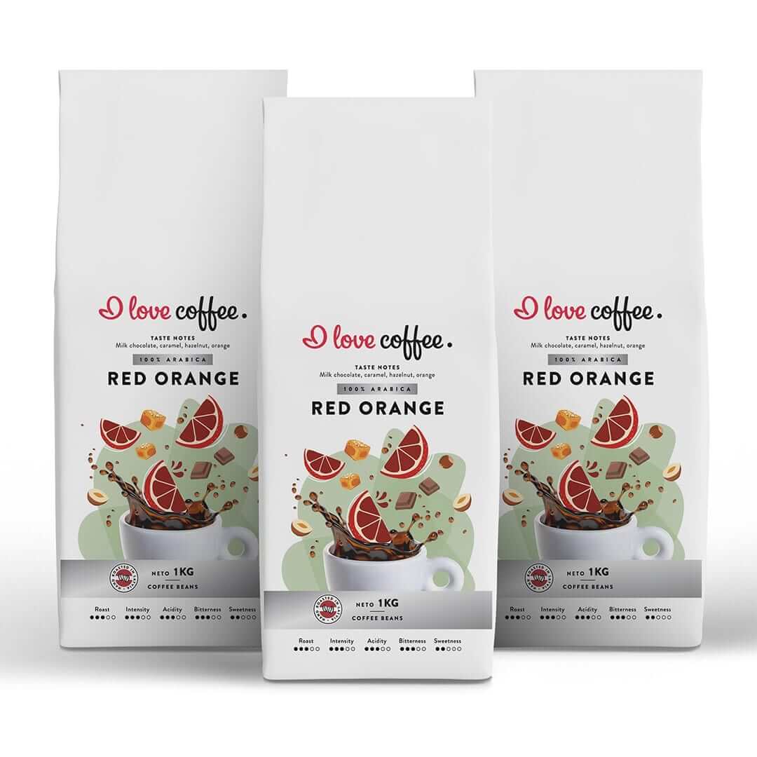 Es mīlu kafiju Kafijas pupiņas 3 kg Red Orange kafijas pupiņas, 1kg