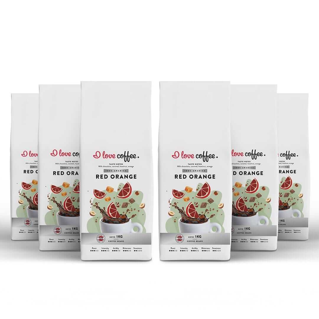 Es mīlu kafiju Kafijas pupiņas 6 kg Red Orange kafijas pupiņas, 1kg