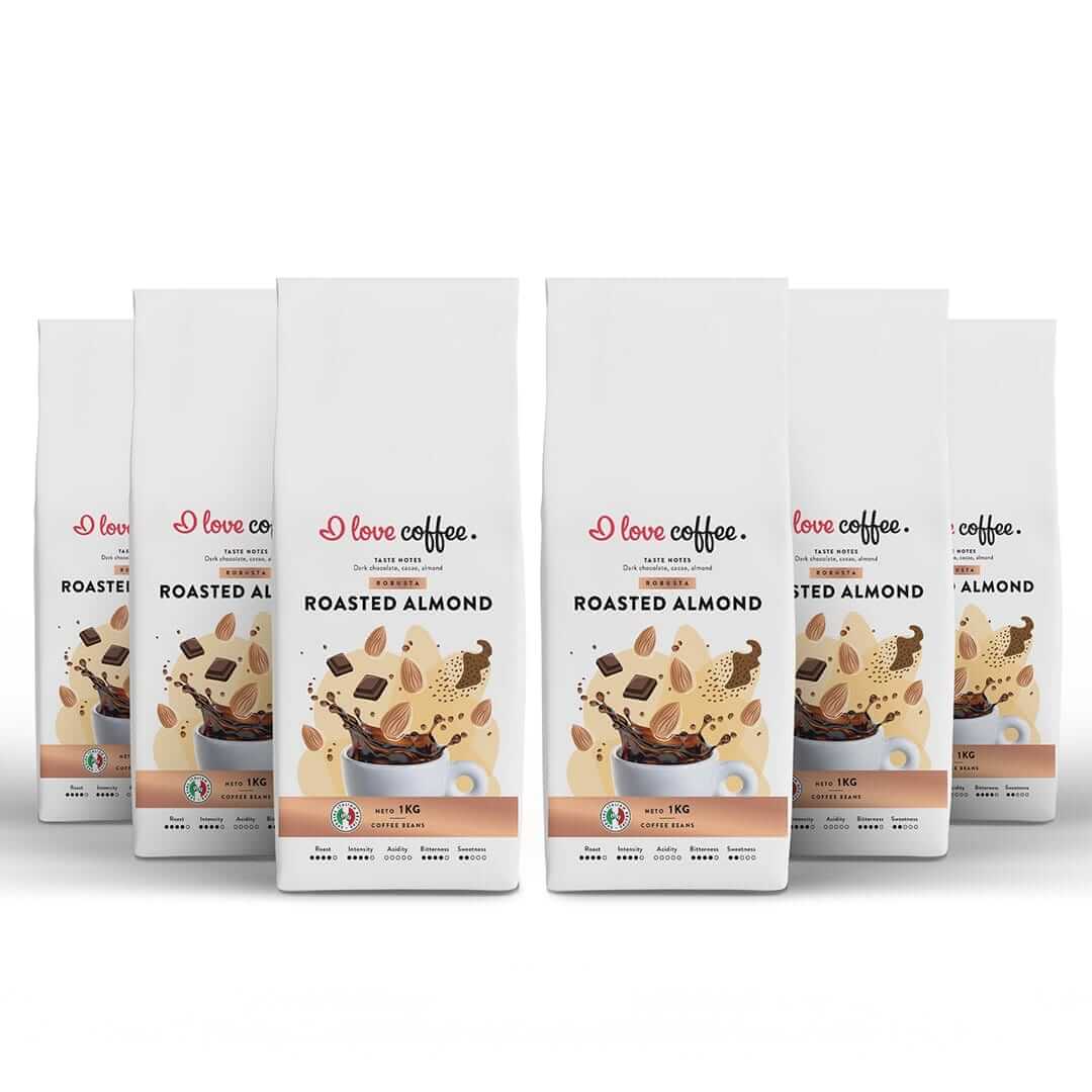 Es mīlu kafiju Kafijas pupiņas 6 kg Roasted Almond kafijas pupiņas, 1 kg