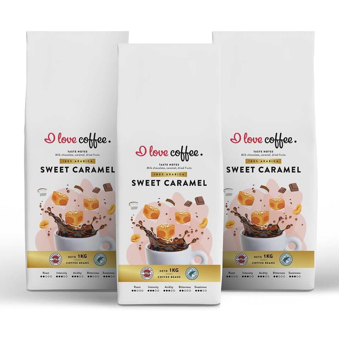 Es mīlu kafiju Kafijas pupiņas 3 kg Sweet Caramel kafijas pupiņas, 1 KG