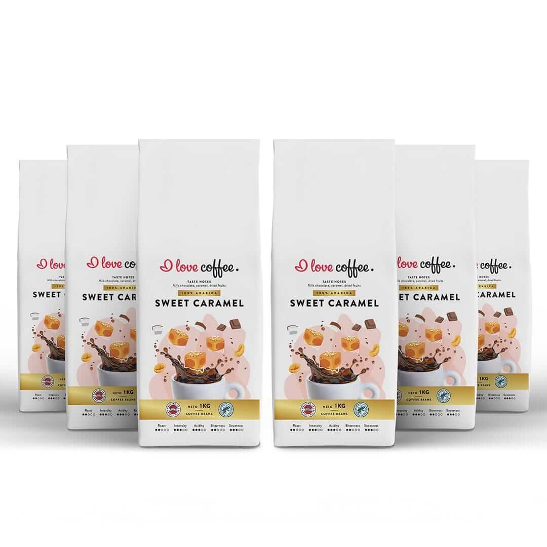 Es mīlu kafiju Kafijas pupiņas 6 kg Sweet Caramel kafijas pupiņas, 1 KG
