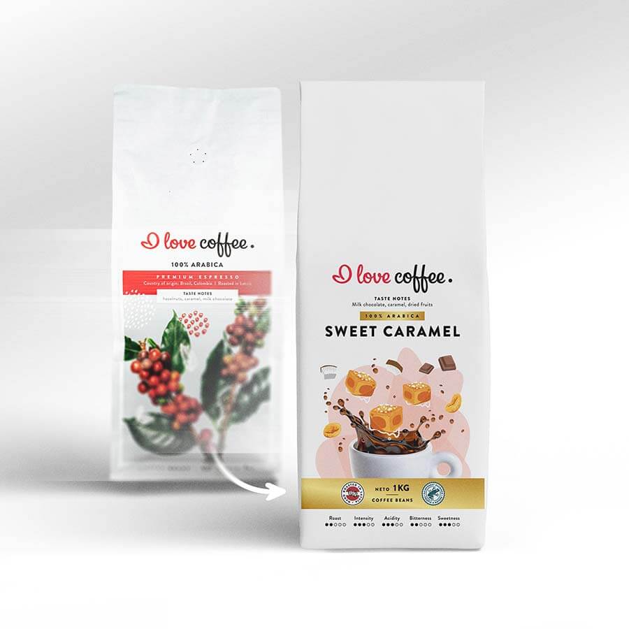 Es mīlu kafiju Kafijas pupiņas Sweet Caramel kafijas pupiņas, 1 KG