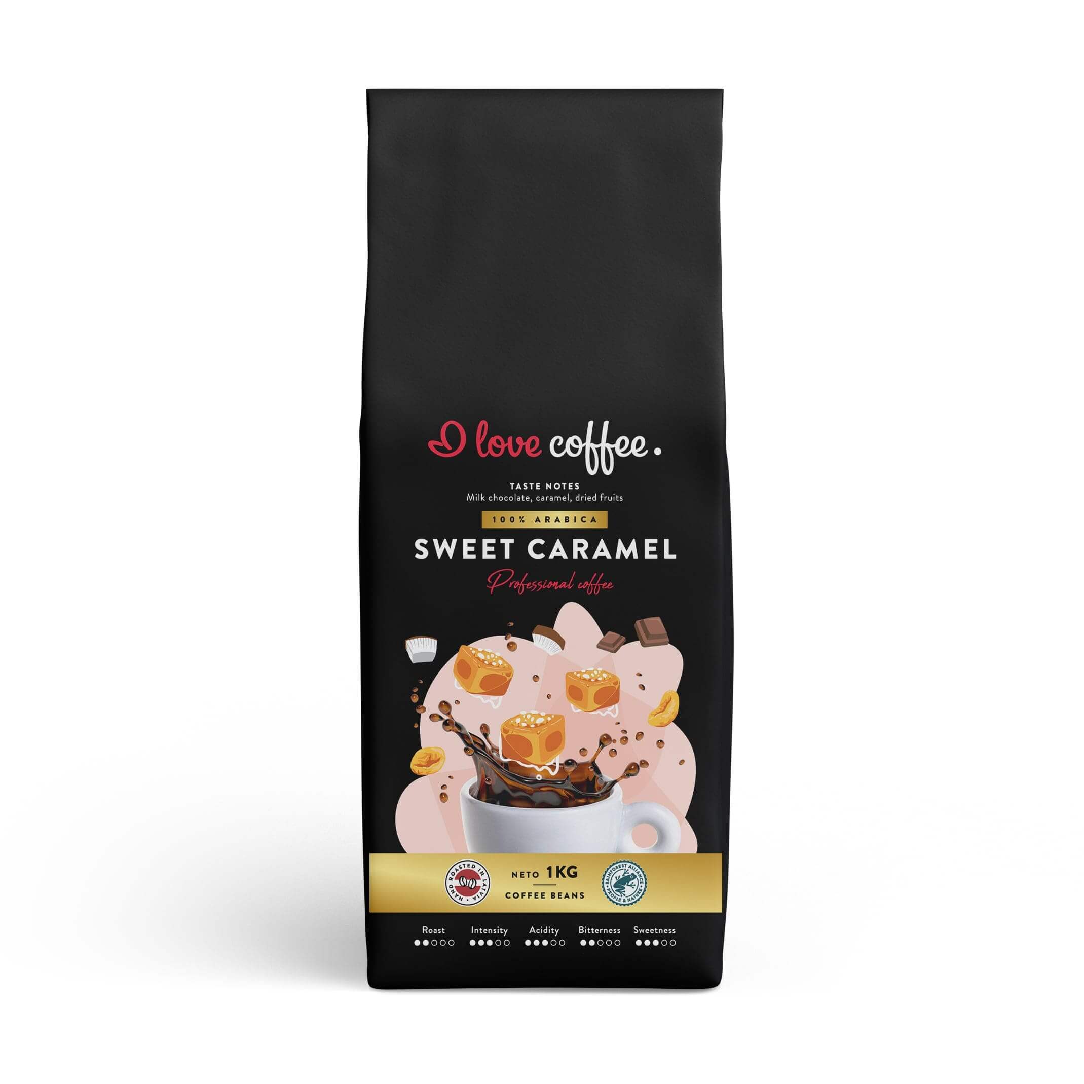 Es mīlu kafiju Kafijas pupiņas Sweet Caramel Professional kafijas pupiņas, 1 KG