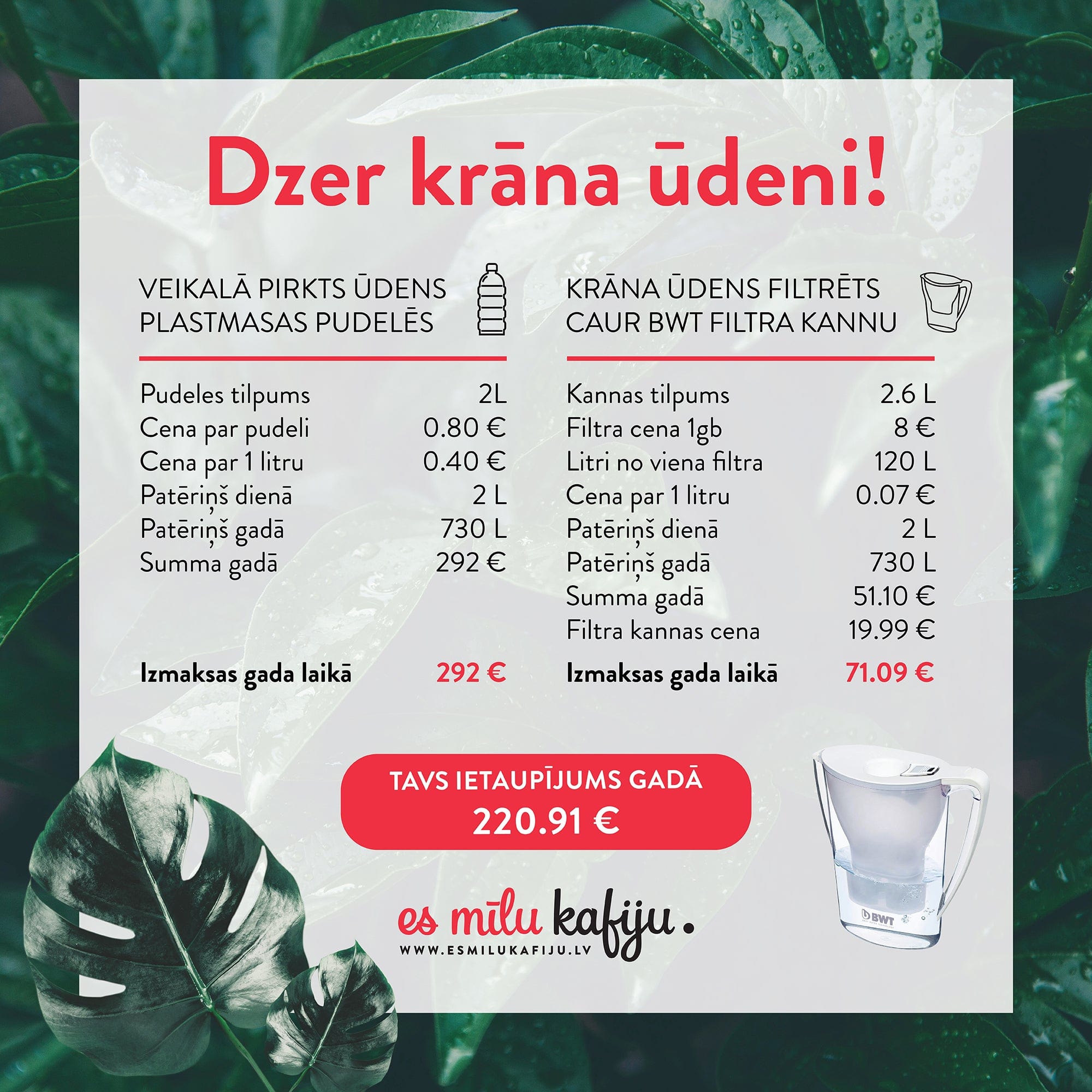 BWT Ūdens filtri Dzeramā ūdens filtra kanna VIDA BWT 2.6L, rozā