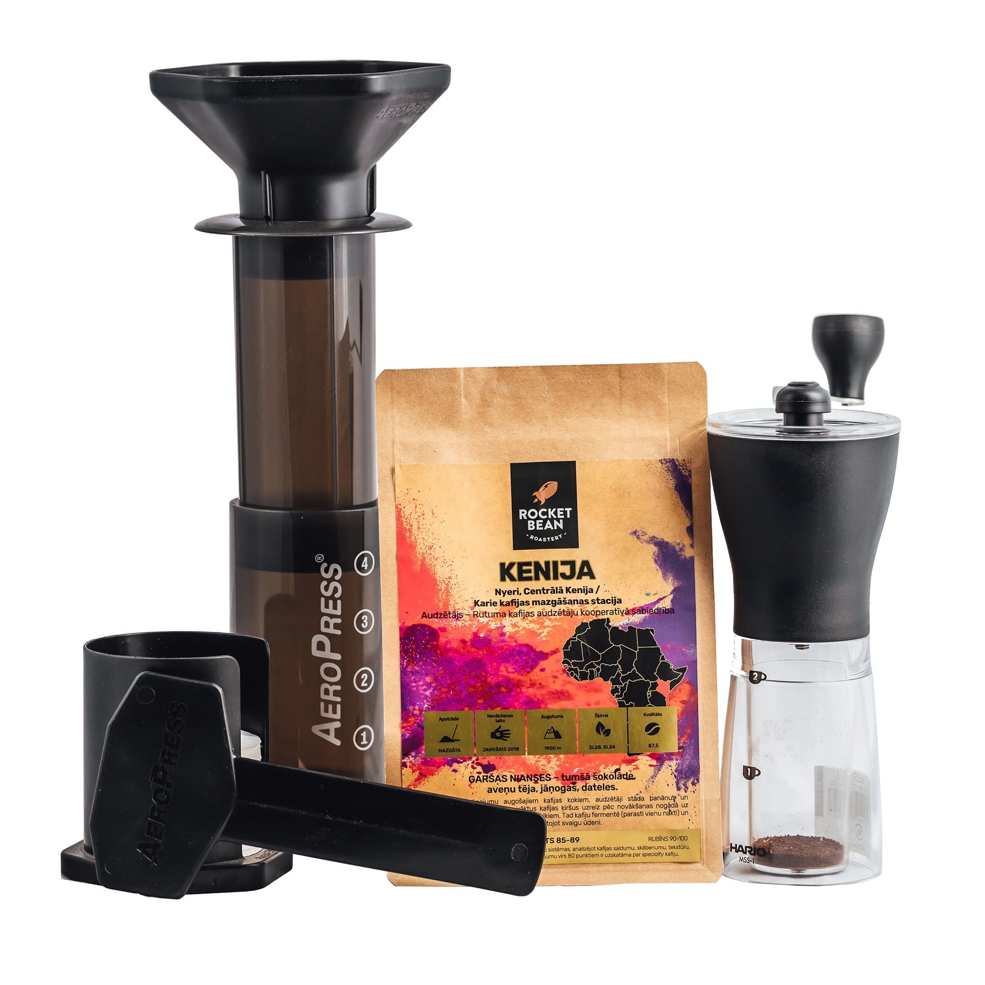 Hario Kafijas pagatavošanas rīki Aeroprese+Mini dzirnaviņas+RBR kafija