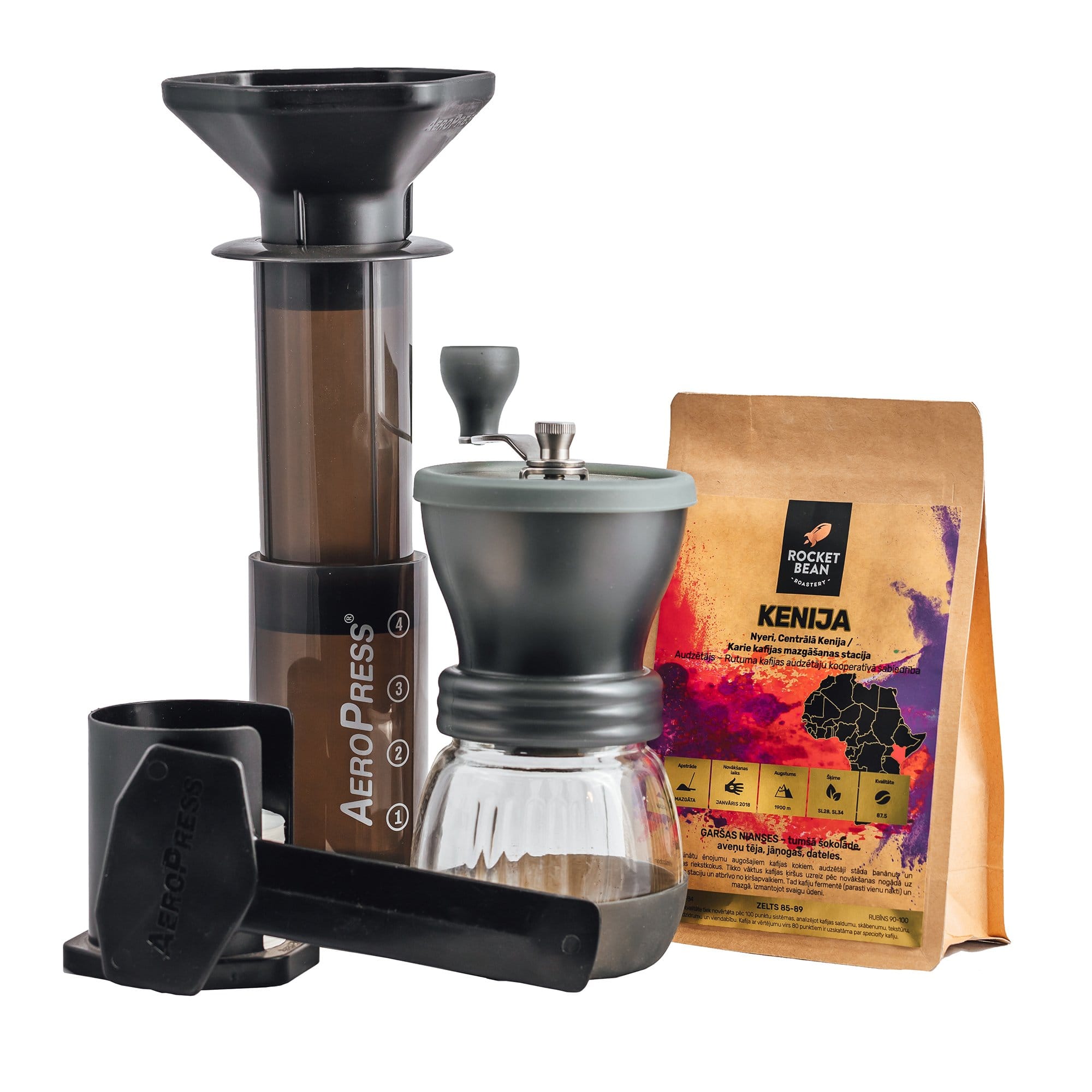 Hario Kafijas pagatavošanas rīki Aeroprese+Skerton dzirnaviņas+RBR kafija